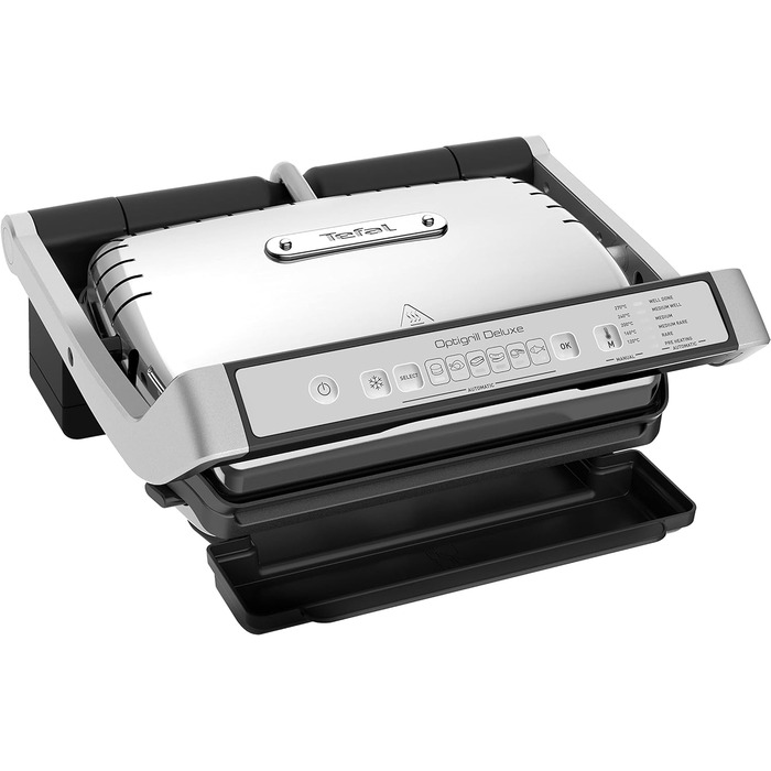 Контактний гриль Tefal OptiGrill Deluxe, 6 програм, індикація рівня приготування, 5 рівнів температури, знімні пластини, електрогриль, нержавіюча сталь, GC707D16