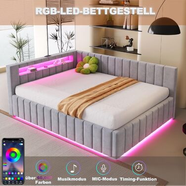 М&39яке ліжко/диван-ліжко 140x200, двоспальне ліжко з гідравлічним відділенням для зберігання, світлодіодним підсвічуванням та функцією заряджання через USB, кушетка/дитяче ліжко з рейковим каркасом, оксамитова тканина, без матраца, світло-сірий 140x200 с