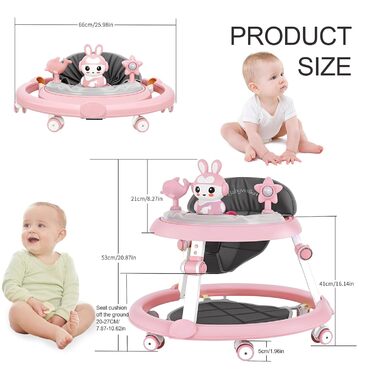 Дитячі ходунки 3 в 1 з килимком на підлозі, шасі з 6 коліс та захистом від перекидання, регульована висота, ходунки з музичним підносом та іграшками, складаються для зручного зберігання, ідеально підходять для хлопчиків, рожеві