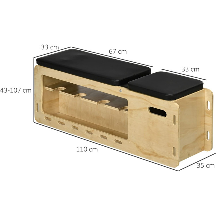 Лава для важкої атлетики HOMCOM, тренувальна лава з ящиком для зберігання та стрічками опору, регульована фітнес-лава для важкої атлетики, силових тренувань, масив дерева