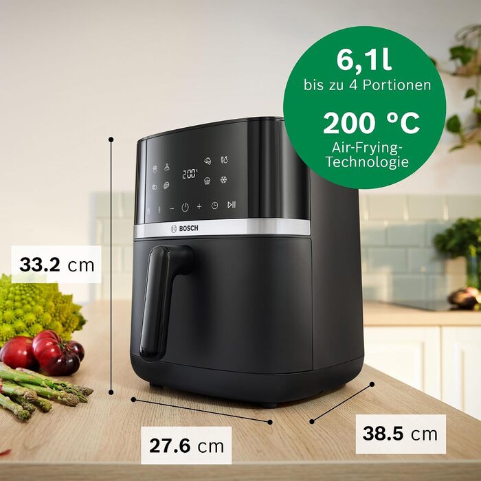 Аерофритюрниця Bosch Serie 4 XL, чорна, об'єм 6,1 л, 7 попередніх налаштувань, функції розморожування та підігріву, сенсорний екран, прискорене приготування до 60, MAF462B0