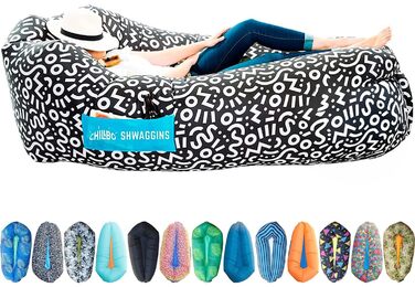 Надувний диван Chillbo Shwaggins, класний надувний шезлонг, крісло, просте встановлення, ідеально підходить як пляжне спорядження, аксесуари для кемпінгу та фестивалів, чорно-білий Swizzle