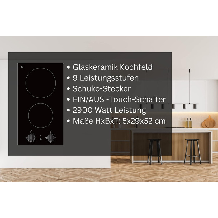 Склокерамічна подвійна конфорка Calor EBK2 DK 9 рівнів потужності 2900 Вт Індикатор залишкового тепла Штепсельні вилки Schuko Низька монтажна глибина 5 см Безкаркасні