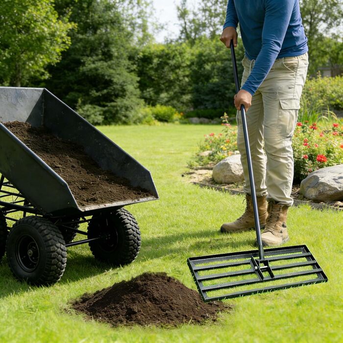 Гребінь для газону Rasen Rakel 75x25 см, міцний вирівнюючий грабель з ергономічною вигнутою ручкою (185 см), ідеально підходить для ґрунту, щебеню, добрив, саду, подвір'я та гольф-поля