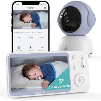 Радіоняня BOIFUN 2K із додатком камери, виявлення плачу/руху/шуму, інтелектуальне нічне бачення, автоматичне відстеження, PTZ 345/