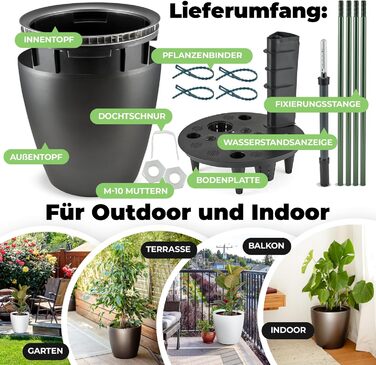 Великий квітковий горщик ZOD для зовнішнього та внутрішнього використання, горщик для квітів із автополивом та підставка для рослин, горщик для гідропоніки (кімнатний та кашпо), срібний, 10 л, 35x35x34 см