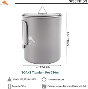 Титановий посуд для кемпінгу TOAKS (375 мл, 450 мл, 550 мл, 650 мл, 700 мл, 750 мл, 900 мл), титановий посуд для пікніка, походів та відпочинку на природі 750 мл POT-750