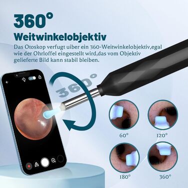 Отоскоп для видалення вушної сірки, камера для чищення вух AMDXD WiFi 8MP HD вушна камера IP4 Водонепроникний вушний отоскоп, камера отоскопа з широким кутом огляду 360, 6 світлодіодів для iPhone, iPad і смартфонів Android, чорний