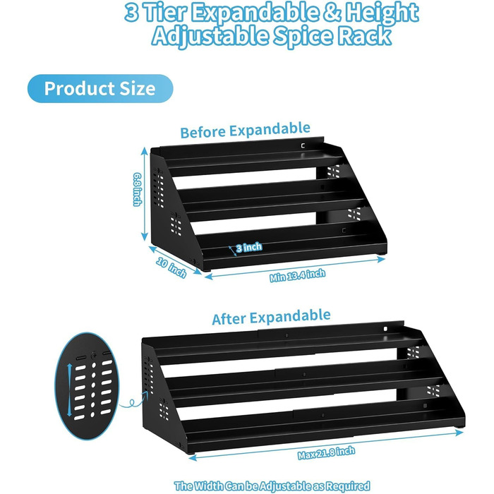 Рівнева підставка для спецій, органайзер для кухонних полиць, органайзер для спецій, розширюваний металевий органайзер для кухонних шаф від 34 см до 55 см, для стільниць, кухні, їдальні - чорний, 3-