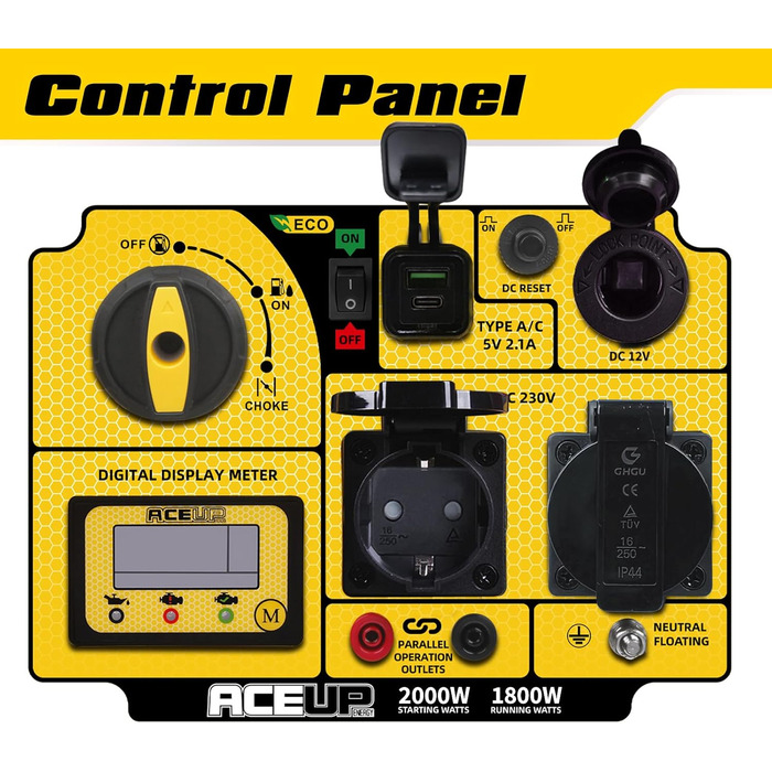Інверторний генератор Aceup Energy 2000 Вт, бензиновий генератор з 230 В, 12 В, USB, цифровим дисплеєм, для кемпінгу на свіжому повітрі, супер тихий портативний 4-тактний інверторний бензиновий генератор потужністю 19,6 кг, потужністю 2000 Вт з інтелектуа