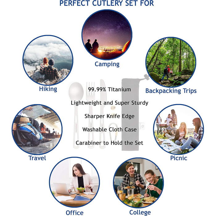 Набір титанових столових приборів, міцний, надлегкий, здоровий та екологічно чистий, набір з 3/4/5 предметів з паличками для їжі, ножем, виделкою, ложкою та соломинкою, для дому/подорожей/кемпінгу, у практичному тканинному чохлі, набір столових приборів з