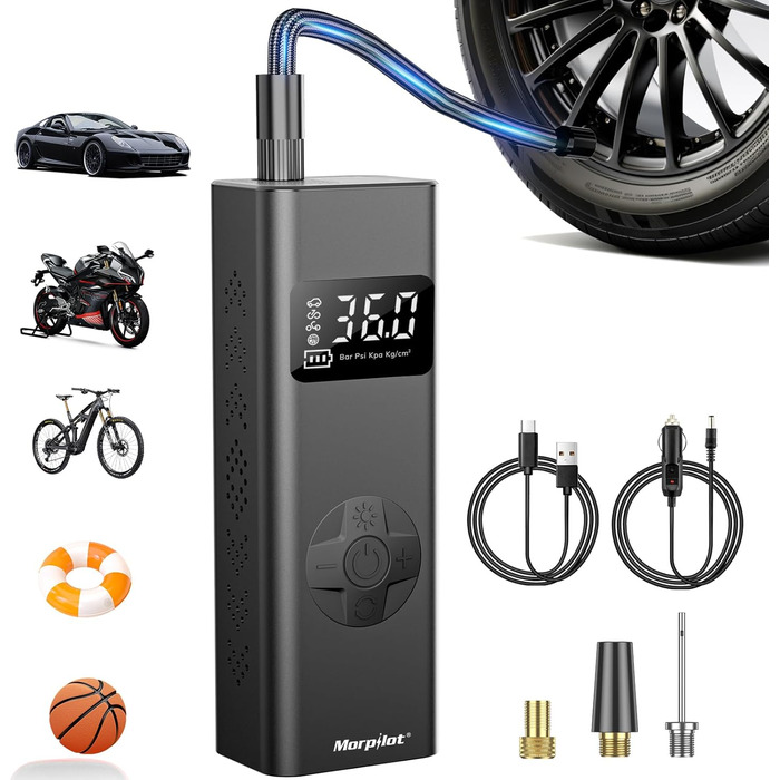 Електричний повітряний насос Morpilot, міні портативний компресор 7800mAh, велосипедний насос електричний з цифровим дисплеєм і ав