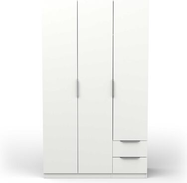 Сучасна шафа з рейкою для вішалок, 3 двері, 2 шухляди, 4 полиці матово-білий 119,4 x 51,1 x 203 см