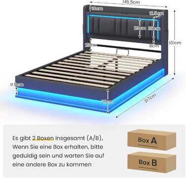 Ліжко зі світлодіодним освітленням, гідравлічне ліжко 140x200 см, м&39яке ліжко, узголів&39я з місцем для зберігання, зарядна станція, каркас ліжка з рейковою основою, візуальний ефект &quotплаваючий&quot, спальня, лляна тканина сірого кольору 140 x 200 С