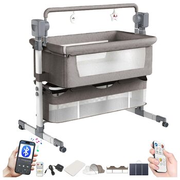 Дитяче ліжечко Magic ZC Electric Bluetooth з колесами, розкладне, що трансформується, для спільного сну, пульт дистанційного керування, 5 гойдалок, колиска-колиска з музикою (601 світло-сірий)