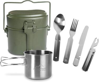 Набір столових приборів Збройних сил Німеччини, включаючи столові прибори, алюмінієвий посуд та чашку з нержавіючої сталі, оливково-зелений, 3 предмети, універсальний розмір