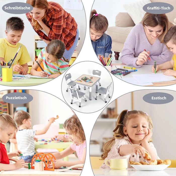 Дитячий стіл Clevich з 2 стільцями, комплект столу та стільців, дитяча група сидінь з регульованою висотою, дитячі меблі для дитячої кімнати, художній стіл та група сидінь - ергономічний, багатофункціональний - сірий