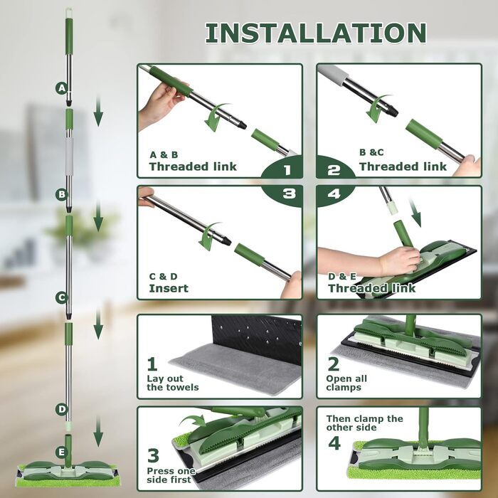 Плоска швабра Masthome, підлогова швабра 360 з 4-ма мікрофібровими насадками, довжина ручки 151 см, регульована, металева основа,