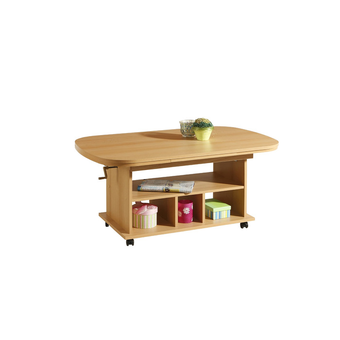 Функціональний журнальний столик Babsi, дерев&39яний матеріал з меламіновим покриттям, бук, регульована висота 53-63 см, розсувний 107-157 см, на колесах