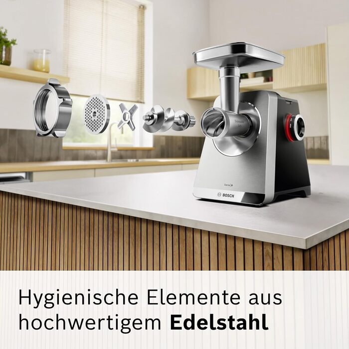 Електрична м'ясорубка Bosch Serie 8 MultiPower MFWS840M, 2500 Вт, нержавіюча сталь, 3 диски (3/4.5/8 мм), насадки для кеббе та ковбас, шинка-терка, придатна для миття в посудомийній машині