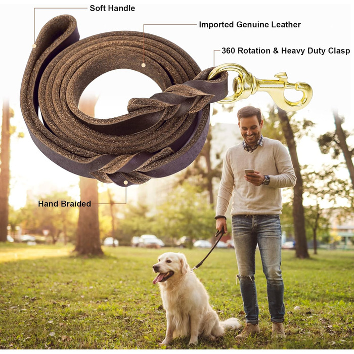 Комплект повідця та нашийника Зоряний Провідник, 1.8 м, м'яка плетенка зі шкіри, з регульованим нашийником для собак малих, середніх та великих порід (розмір М)
