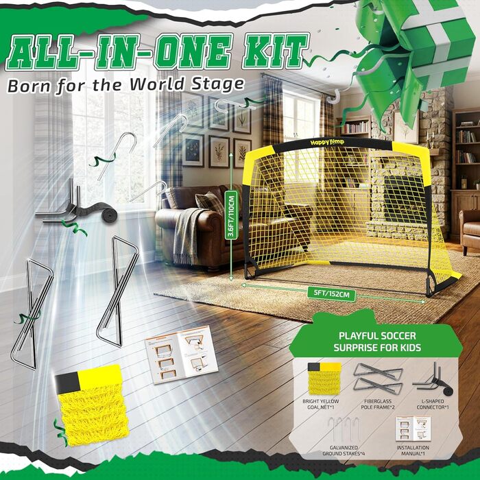 Футбольні ворота Happy Jump складні для дітей та дорослих 1 або 2 ворота 120x90 / 152x110 / 213x152 см Додатково з м&39ячем, насосом, конусами та мішенню Для саду та подарунка 1-152x110 см жовтого кольору