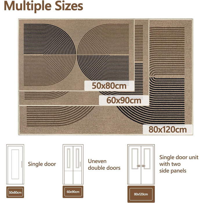 Килимок Capslpad для внутрішніх та зовнішніх дверей 80 x 120 см, вигляд джуту, нековзний килимок для уловлювання бруду, тонкий килимок для дверей, який можна прати, килимок для вхідних дверей, вхідної зони, балкону, чорний/коричневий, 80 x 120 см (прямоку