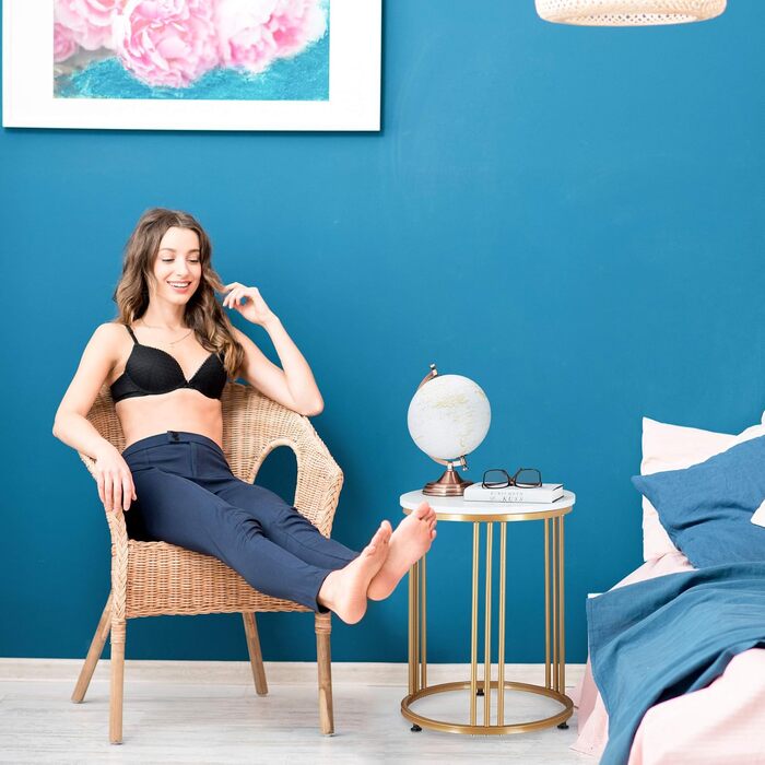 Журнальний столик Relaxdays MARMO, круглий, метал та МДФ, білий/золотий для вітальні, під мармур, ВxГ 51 x 41 см Білий, Золотий