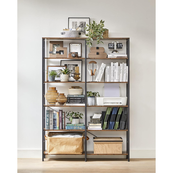 Книжкова полиця VASAGLE, окремостояча полиця з 6 полицями, 30 x 120 x 170 см, промисловий дизайн, для вітальні, кабінету, балкону, кухні, вінтажний коричнево-чорний колір LLS114B01
