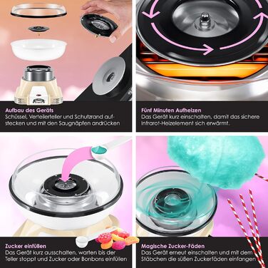 Набір машин для виробництва солодкої вати KESSER для вашого дому - З 30 паличками солодкої вати та мірною ложкою - Ретро машина для виробництва солодкої вати - Машина для виробництва солодкої вати з аксесуарами - Висота 22 см - 500 Вт Кремовий Білий Кремо