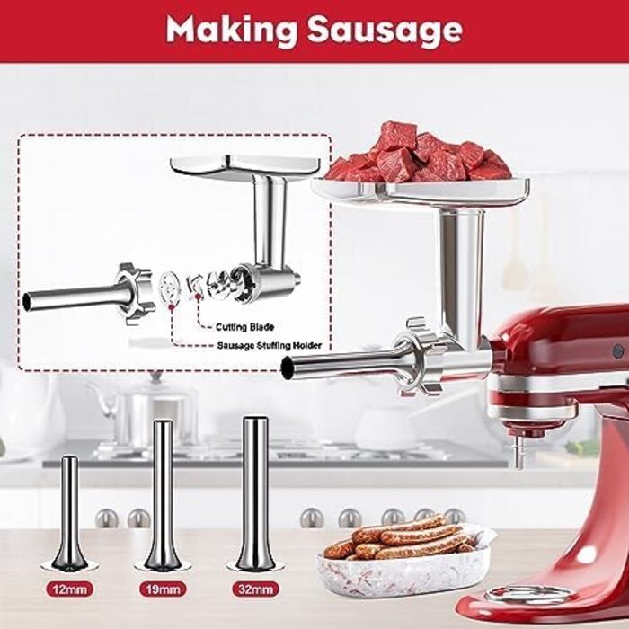 Насадка для м'ясорубки Coolcook для міксера KitchenAid, включаючи 3 ріжки для начинки для ковбаси, 2 шліфувальні леза, 4 шліфувальних диска, м'ясорубку для KitchenAid, легко збирається, зі щіткою для чищення