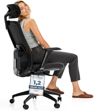 Ергономічне офісне крісло Desktronic з регулюванням висоти Робоче крісло з поперековою опорою, регулюванням висоти, дихаючою тканиною - широке сидіння, SitOne Black