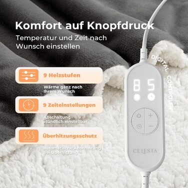 Ковдра з підігрівом CELESTA з автоматичним вимкненням, 160x120 см, 9 налаштувань нагріву, таймер 1-9 годин, фланель, фліс, можна прати в пральній машині - для дивана, ліжка та офісу, темно-сіра, 160 x 120 см
