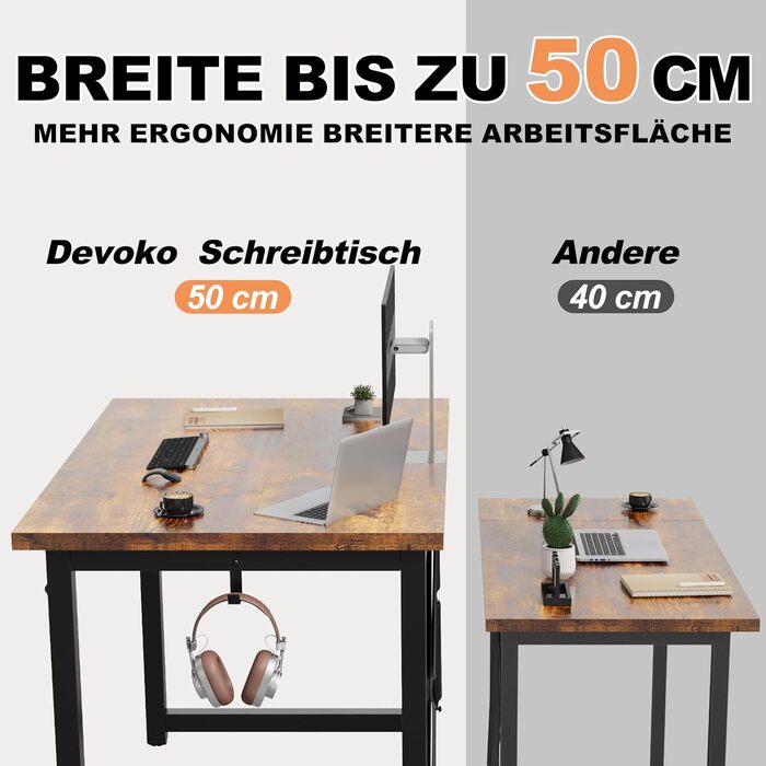 Письмовий стіл Devoko 100x50x75 см Невеликий комп&39ютерний стіл з регульованими ніжками та гачками Вантажопідйомність 60 кг, водонепроникний Для домашнього офісу та кабінету Вінтажний коричневий 100 x 50 x 75 см