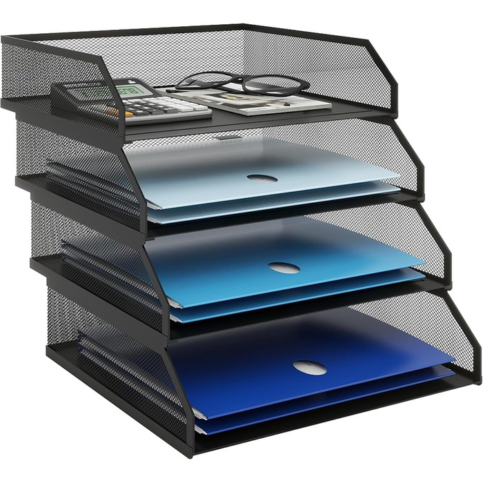 Лоток для документів PUNCIA A4, лоток для листів з 4 металевими відділеннями, органайзер для файлів, лоток для паперу, система для зберігання документів, тримач для документів для офісу, навчання, школи, чорний, 32 x 24,5 x 30 см