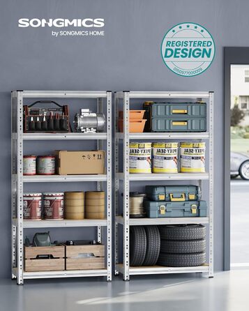 Надміцний стелаж, комплект з 2 шт., полиці для підвалу, 40 x 90 x 180 см, вантажопідйомність до 875 кг, легке складання, полиці для зберігання, регульовані полиці, сріблястий GLR455E01 Комплект з 2 шт. (180 x 90 x 40 см)