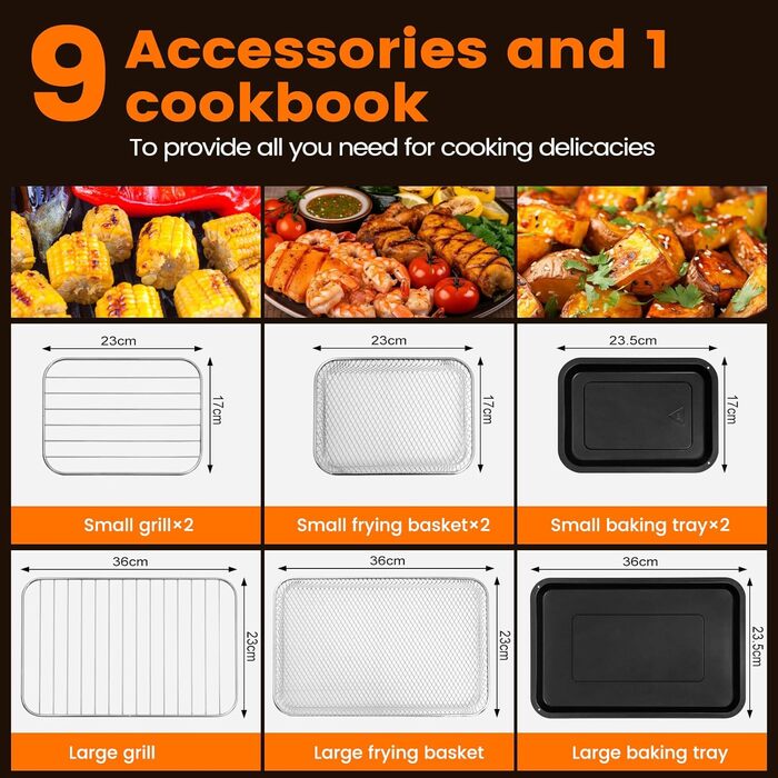 Двозонна фритюрниця LLIVEKIT 12 л, фритюрниця з роздільником може бути розділена, підходить для приготування їжі в подвійній зоні 5.5 літрів, оглядового вікна, внутрішнього освітлення, 10 програм, 9 аксесуарів, чорний 12 л чорний Inox знімний