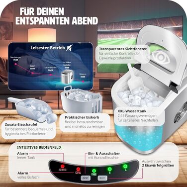 Машина для виробництва кубиків льоду tectake, 12-15 кг за 24 години, льодогенератор, 9 кубиків льоду за 5-13 хвилин, льодогенератор з резервуаром для води на 2,4 літра, льодогенератор, включаючи совок для льоду та відро для льоду, 2 розміри кубиків - сріб