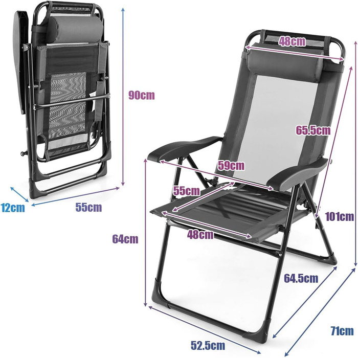 Комплект з 2 садових стільців, розкладні стільці з 7 регульованими спинками, кемпінгові стільці зі знімним підголівником, розкладне крісло переносне для балкона, саду, тераси (сірий)