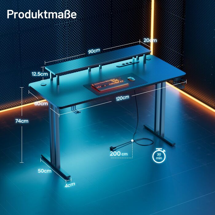 Ігровий стіл зі світлодіодним підсвічуванням, 120x60 см, ігровий стіл з 3 розетками та 2 USB-портами, ігровий стіл для ПК з підставкою для монітора, міцний комп&39ютерний стіл для ігор та офісного використання, чорний, 120 x 60 см