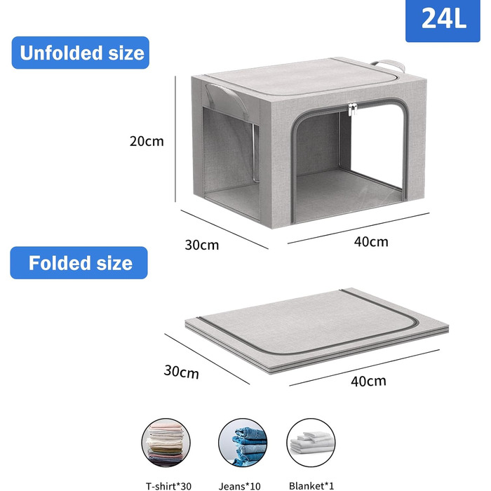 Коробка для зберігання одягу з 2 предметів, складна коробка для зберігання одягу з металевим каркасом та 3 віконцями, сумка для зберігання ковдр, пледів та одягу, сіра (24 л) 2 предмети - сірий - 24 л