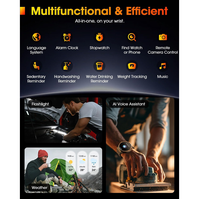 Чоловічий військовий смарт-годинник з великим HD-дисплеєм 1,92 дюйма, акумулятором 1000 мАг, фітнес-годинник з понад 120 спортивними режимами, водонепроникністю 5 атм, функцією телефону, пульсометром, монітором сну, спортивним годинником для iOS та Androi