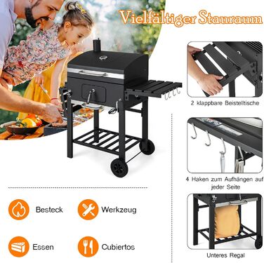 Мангал GOPLUS з кришкою, візок для барбекю на 2 колесах з 2 відкидними боковими столиками, 8 гачками, термометром і відкривачкою д