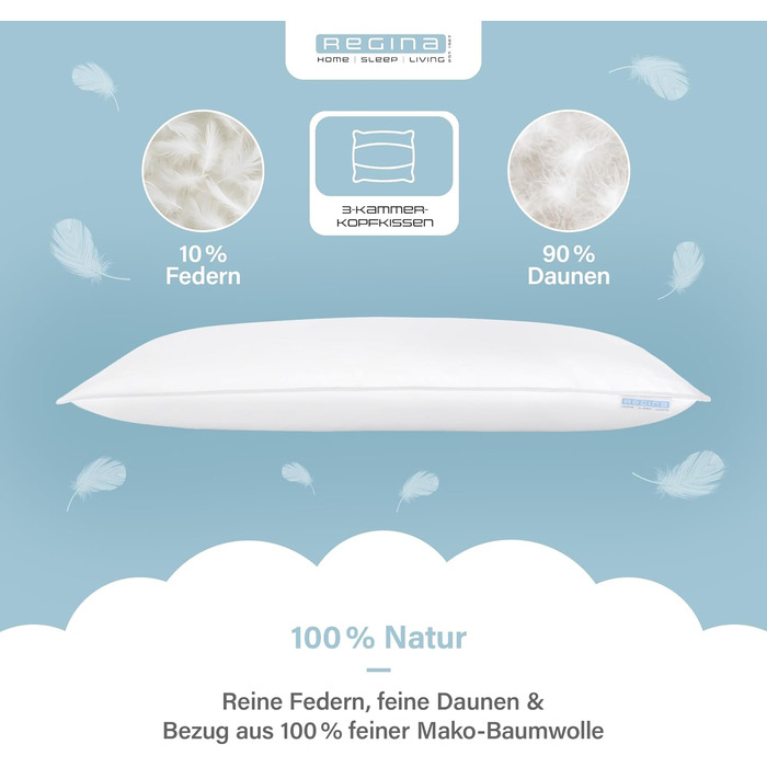 Подушка Regina Home з 3 камерами - 40x80 см - Ергономічна подушка для шиї з 10 пір&39я та 90 пуху - Можна прати та підходить для алергіків - 100 бавовна, 3 камери, 40 x 80 см