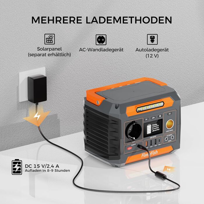 Портативна електростанція FlashFish 230 Втгод із сонячною панеллю 60 Вт, сонячним генератором 300 Вт (пікова потужність 600 Вт) з 2 портами постійного струму, 4 портами USB, світлодіодними ліхтарями, аварійним джерелом живлення для кемпінгу, подорожей, ві
