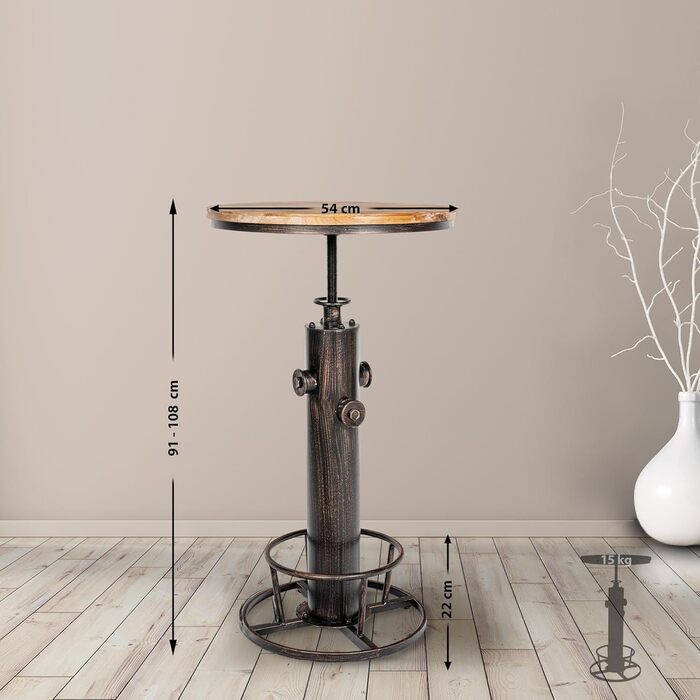 Барний стіл CLP Ruhr Standing Table I з регульованою висотою та підставкою для ніг I Металевий каркас та стільниця з соснової деревини, колір бронза