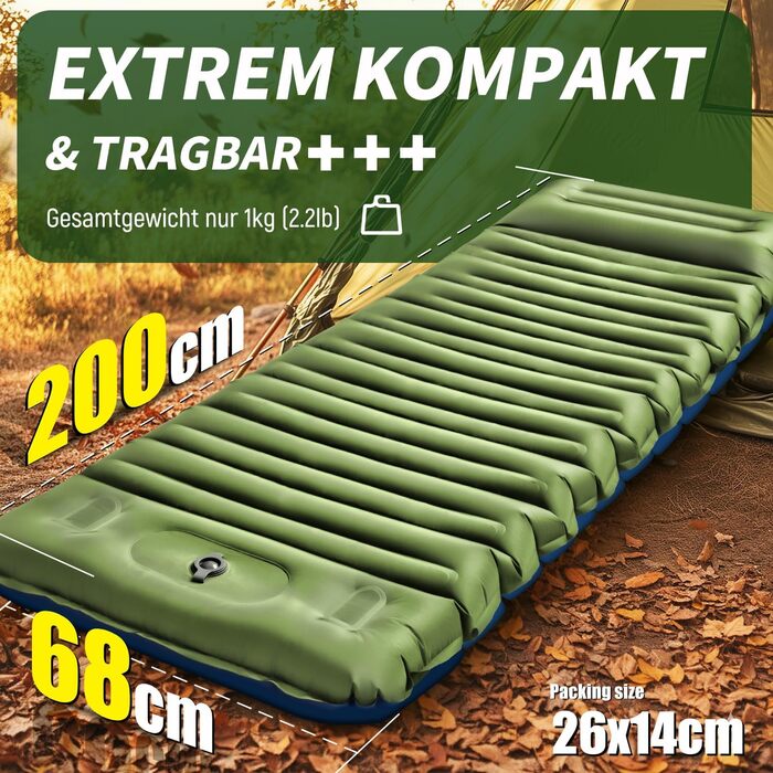 Килимок для сну для кемпінгу, потовщений надувний матрац 12 см для кемпінгу, надувний матрац з ножним насосом та подушкою, надлегкий килимок для сну на відкритому повітрі для походів, пляжу, подорожей, зелений намет