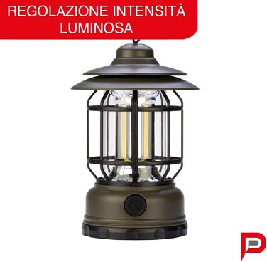 Акумуляторний світлодіодний вуличний ліхтар, ретро-дизайн - Багатоцільовий кемпінговий ліхтар, 300 лм, з регульованою яскравістю - Портативний аварійний ліхтар з гачком для намету - Світлодіодний ліхтар, виготовлений в Італії, 3115