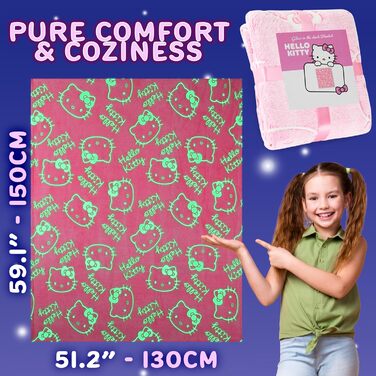 Флісова ковдра Get Trend Hello Kitty Sanrio, що світиться в темряві, 130x150 см, пухнаста флісова ковдра, що світиться в темряві, подарунки для дітей та дорослих (рожева Hello Kitty) Рожева Hello Kitty 130x150 см