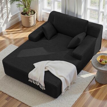 Сучасний вельветовий диван без кісток з функцією сну Диван Хмара з шезлонгом, 3 подушки, зручний диван для вітальні, не потребує складання чорна вельветова тканина